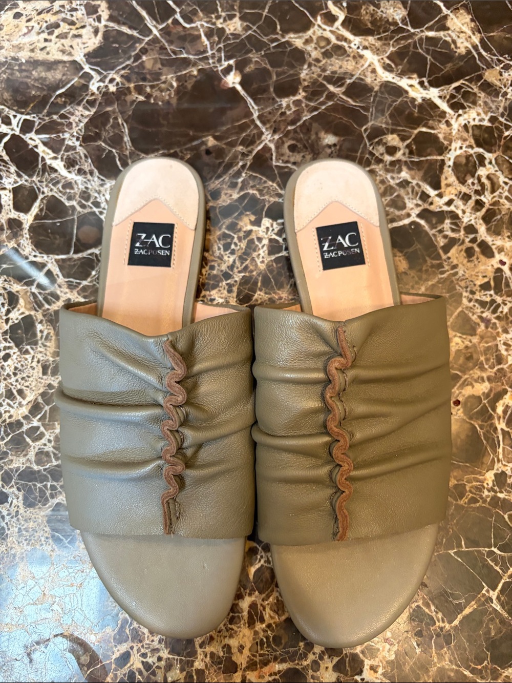 ZAC Zac Posen Olive Green Ruched Leather Slide Mules. Size 7